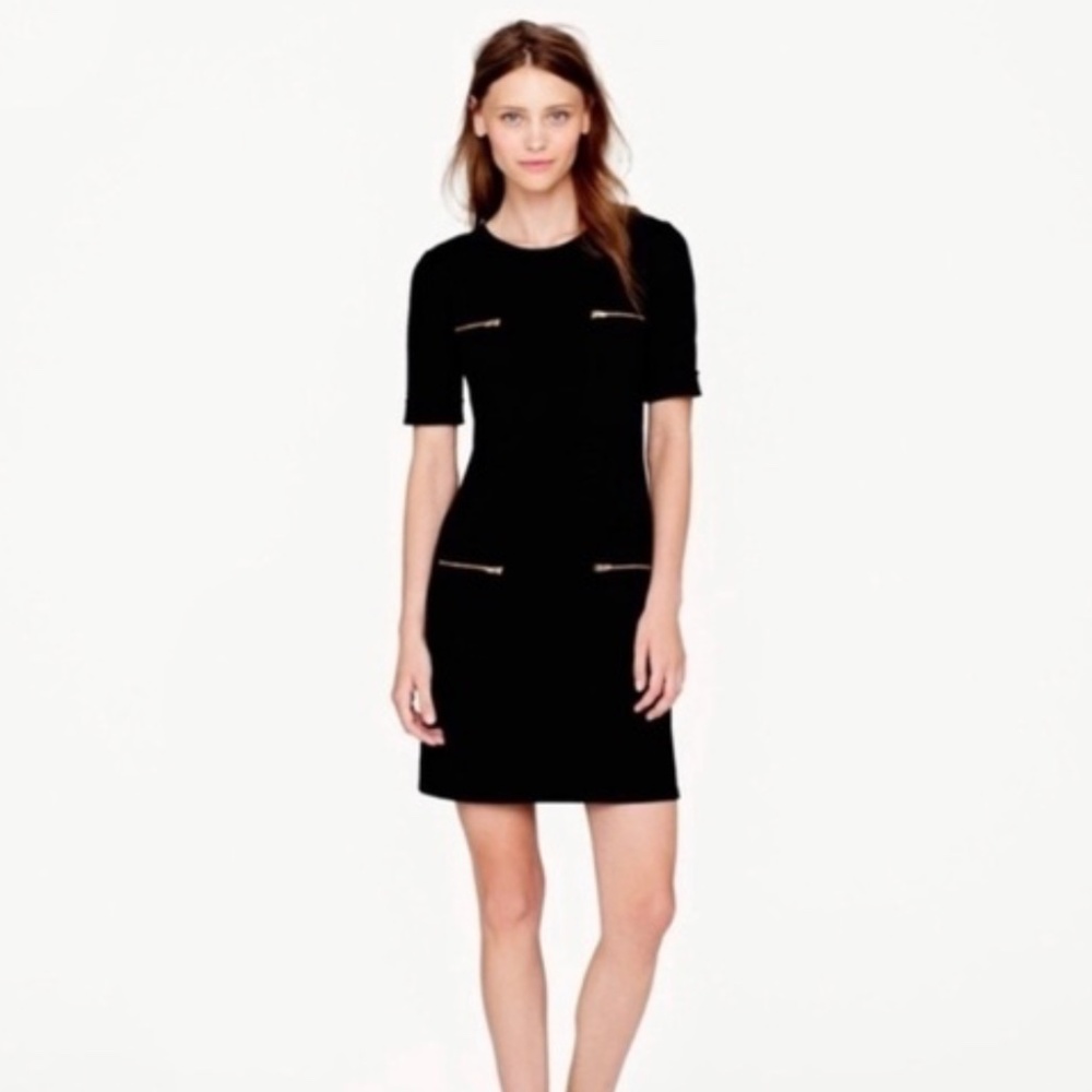 J. Crew Black Mini Flat Short Sleeve Stretch Dress with Gold Zippers Size 2